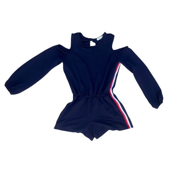 Pinc Premium navy blue cold shoulder romper varsity stripe down sides, Medium - Picture 3 of 9